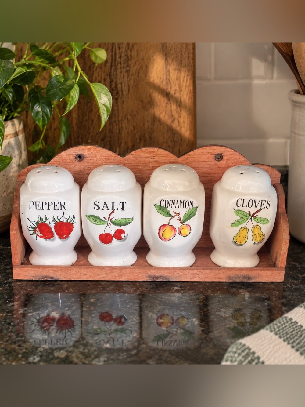 Vintage Ceramic Spice Shakers Set with Wood Rack - White with Fruit Motifs